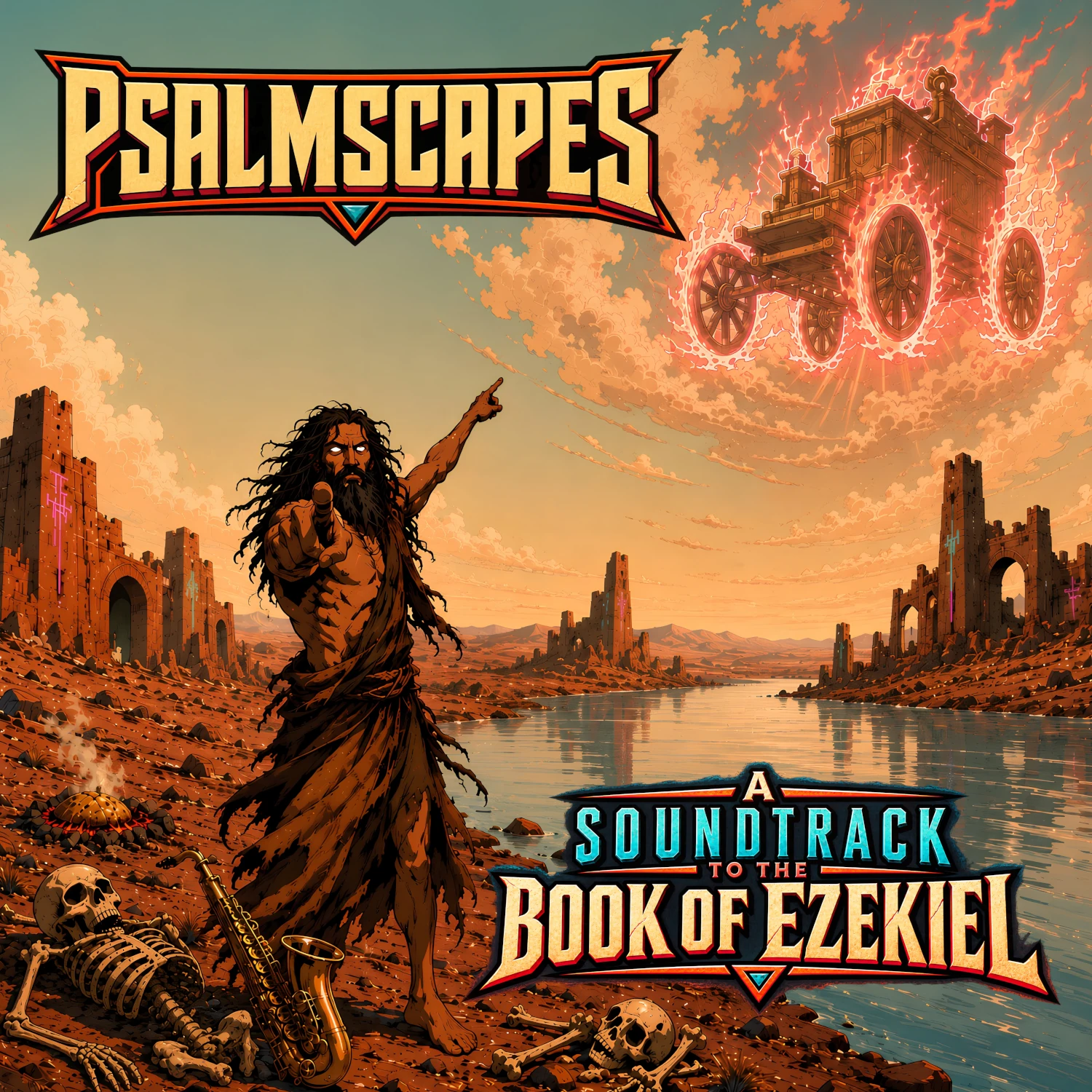 Ezekiel album artwork showing the prophet in a ruined desert beside a river beneath a fiery celestial chariot
